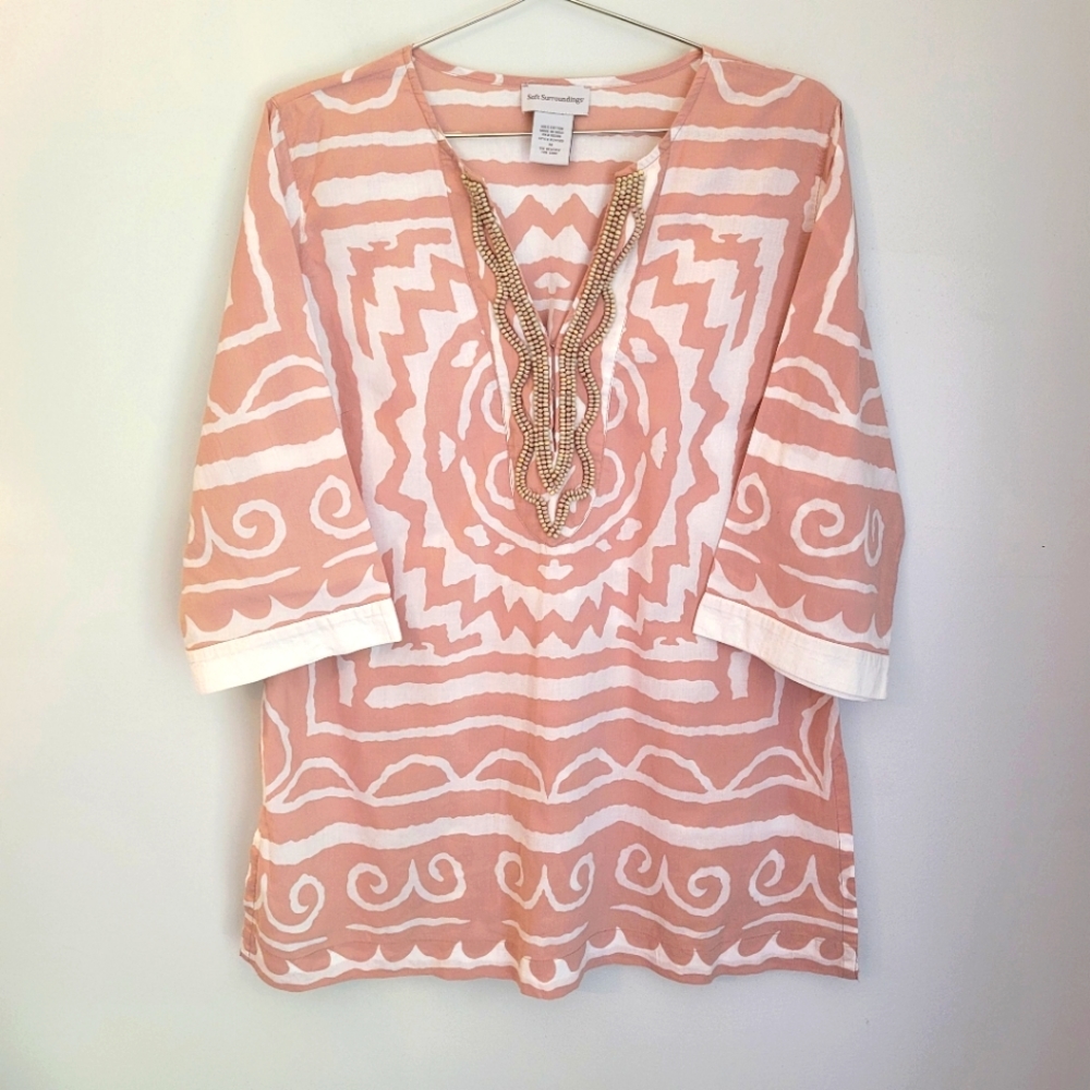 Soft Surroundings | White&Pink Aztec/Tribal 3/4 Sleeve Tunic w/ Beaded Neck Line
